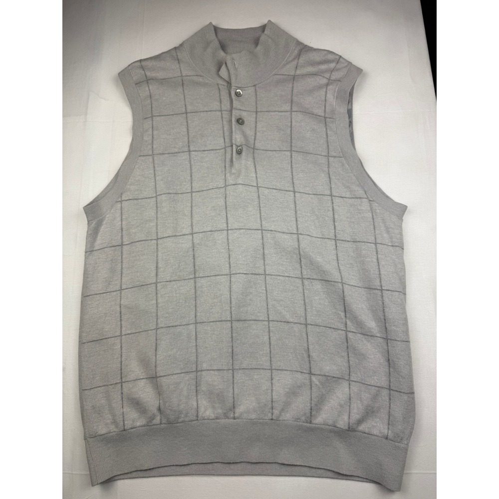 F&G Tech Sweater Vest Large Gray Windowpane Bighorn Golf Mock Neck Cashmere